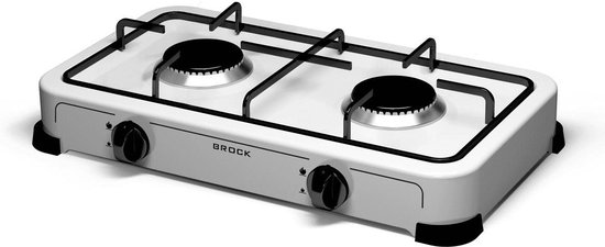 BROCK 2-Pits Draagbaar Gasfornuis – Camping Kooktoestel op LPG (Butaan/Propaan) – Gietijzer – Wit – 46,6 x 25,7 x 6,3 cm