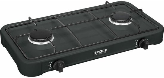 BROCK 2-Pits Draagbaar Gasfornuis – Camping Kooktoestel op LPG (Butaan/Propaan) – Gietijzer – Zwart – 54x29x6 cm