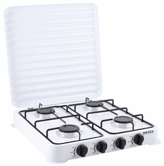 Brock Electronics 4-Pits Gaskookplaat Wit – Draagbaar Camping Kooktoestel – Vrijstaand Gasfornuis 4 Pits – Kampeer Gaskomfoor – Compact Kookstel 48x48 cm voor Camping of Buitenkeuken