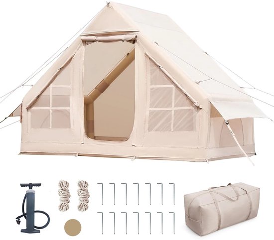 Bruinsma INEX Opblaas Tenten - Kampeertent - Opblaasbare Tent - 420D Oxford - Met Luchtpomp - 2-4 Personen - 300Lx210Bx200H CM - Beige