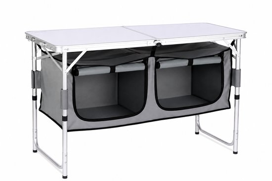 Bruinsma INEX Picknicktafel - Campingtafel Inklapbaar - Campingkeuken - 3 Hoogtes - Opbergruimte - 120Lx47Bx54.5/62/70H CM - Wit