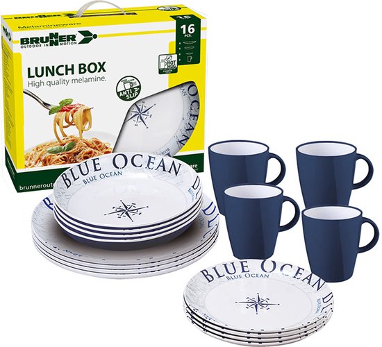 Brunner - Camping Serviesset - Blue Ocean - Lunch Box - 16 delig - Melamine - Vaatwasserbestendig - BPA-vrij