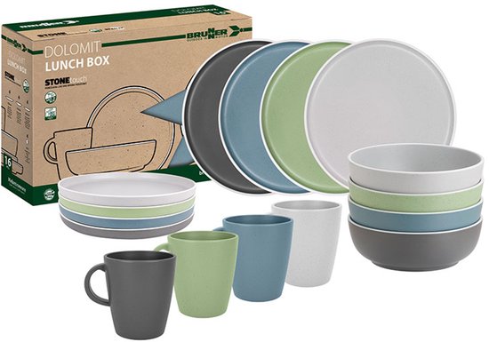 Brunner - Camping Serviesset - Dolomit - Lunch Box - 16 delig - Melamine - Stapelbaar - Vaatwasserbestendig - BPA-vrij