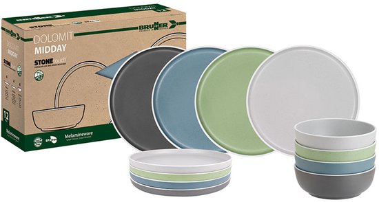 Brunner - Camping Serviesset - Dolomit - Midday - 12 delig - Melamine - Vaatwasserbestendig - BPA-vrij