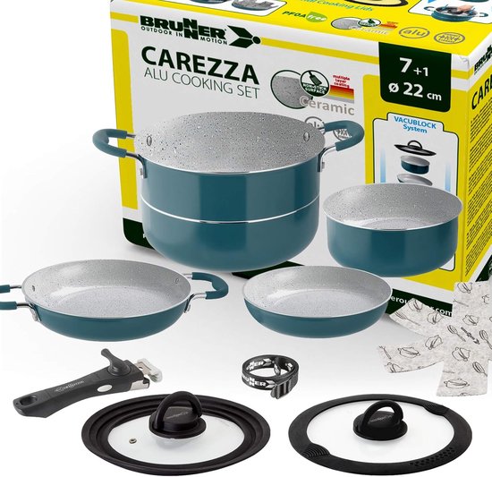 Brunner Carezza - Camping Pannenset - Ø22 cm - 7+1 Delig - Stapelbaar - Vacublock - Aluminium - Campingkookset - PFOA Vrij van Brunner
