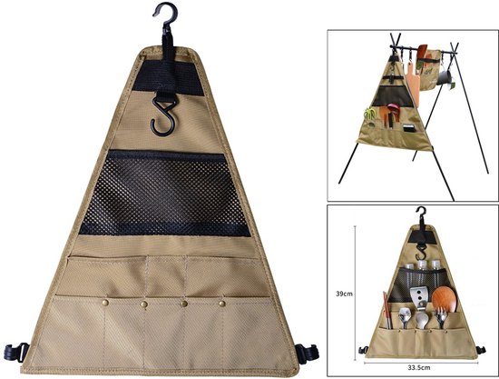 Buiten Kampeer Opbergtas – Ophangbare Driehoekige Kampeertas 39x33.5cm – Compact Draagbaar – Voor Kampeerbestek, Kookgerei, bbq Onderdelen, Grillaccessoires & Picknick Benodigdheden Buiten