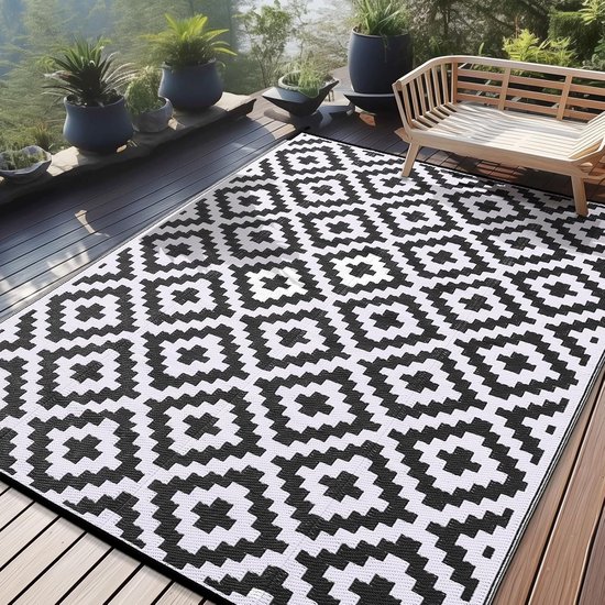 Buiten Tapijt - Terras Kleed - Tuin en Camping - Omkeerbaar en Wasbaar - 270x360 cm - Zwart Wit