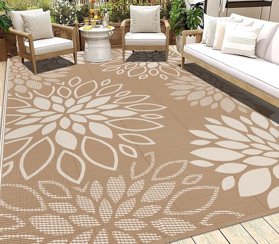 Buiten Tapijt - Terrastapijt Omkeerbaar - Kamperen Tuin - Waterdicht UV-bestendig - 240 x 300 cm - Bruin Bloem
