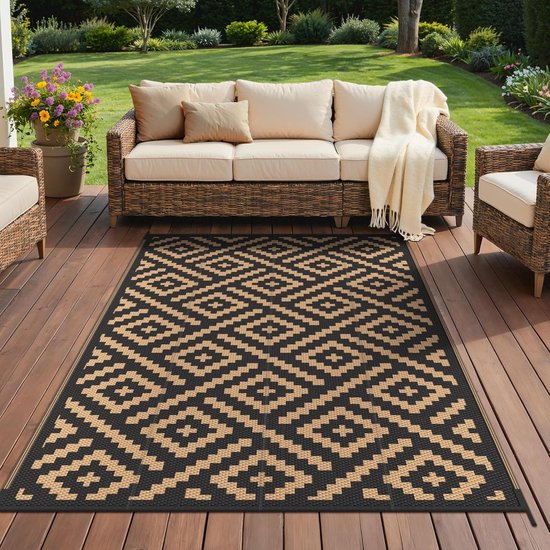 Buiten Tapijt - Waterdicht Kleed - Camper Balkon Terras - Omkeerbaar Vervaagd Bestendig - 120x180cm - Ruit Zwart Bruin