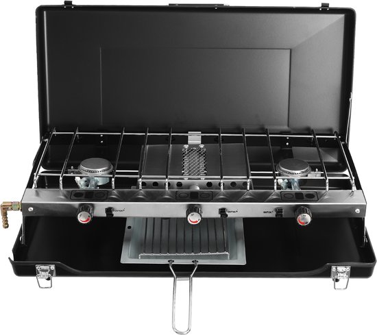 Buitengrill - Draagbare Gasbarbecue - Kampeer Kooktoestel - Opvouwbare BBQ - Campingfornuis - 3 Branders - Winddicht Deksel - Picknick Grill - Outdoor Kookplaat - Propaan Butaan - Lichtgewicht Tafelmodel van Merkloos