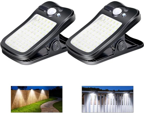 Buitenlamp op zonne-energie met clipbevestiging, 3 standen, 60 LED-lampjes, 500 lumen, waterdicht, draagbaar, geschikt voor hekken, tuinen, garages, camping, enz., oplaadbaar via USB, set van 2, zwart.