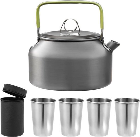 Buitenservies Set - Camping Kettle 0.8L Theepot met 4 RVS Bekers en Draagtas - Duurzaam Aluminium - Ideaal voor 1-4 Personen