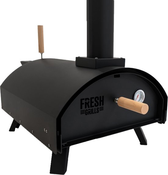Buitentafelpizzaoven 30 cm 60 seconden kooktijd dubbelwandig draagbaar ingebouwde thermometer multi-fuel houtskool, hout pellets authentieke steenovenpizza's 400°C zwart staal van Blaze Box