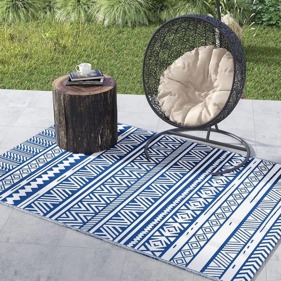 Buitentapijt Grafisch - Omkeerbare Mat - Buiten Leven - Twee Motieven - 274x182 cm - Blauw Wit