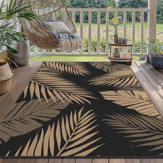 Buitentapijt Omkeerbaar - Campingmat Picknickdeken - Buiten Leven - Waterdicht Gevlochten - 120x180 cm - Bladmotief Zwart Bruin