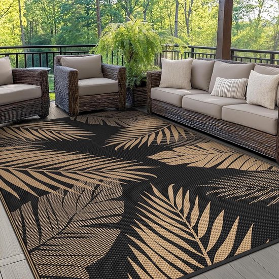 Buitentapijt Omkeerbaar - Campingmat Picknickdeken - Buiten Leven - Waterdicht Polypropyleen - 180x275 cm - Bladmotief Zwart Bruin
