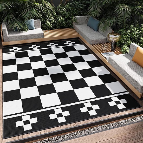 Buitentapijt Omkeerbaar - Plastic Vloerkleed - Buiten Leven - Waterdicht UV-Bestendig - 5x7ft - Zwart Wit