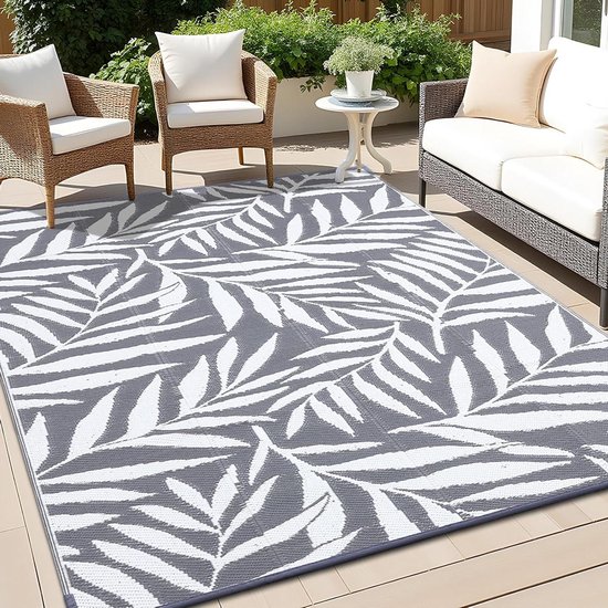 Buitentapijt Omkeerbaar - Tuintapijt Picknickkleed - Buiten Leven - UV-bestendig Bladpatroon - 180 x 270 cm - Grijs Wit
