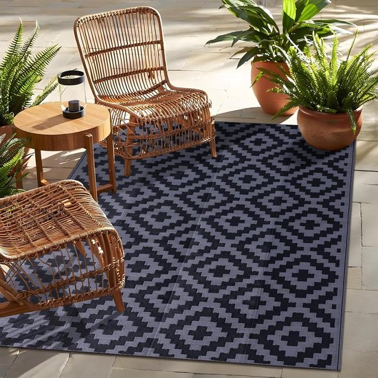 Buitentapijt Waterdicht - Plastic Vloerkleed Camper - Terras Aankleden - Omkeerbaar Geometrisch Patroon - 12 x 180 m - Zwart Grijs
