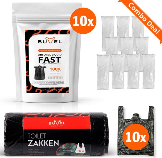 Buvel® Set Vocht Absorptie Zakjes + Toiletzakken - Droogtoilet - Campingtoilet - Chemisch toilet - 10 + 10 stuks van Buvel®