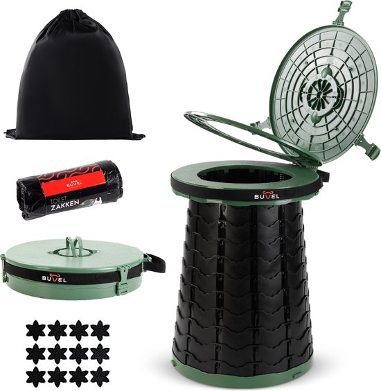 Buvel® Telescopische toilet kruk, Draagbaar mobiel toilet, Opvouwbaar toilet, Campingtoilet met wc-bril en deksel, Groen van Buvel®