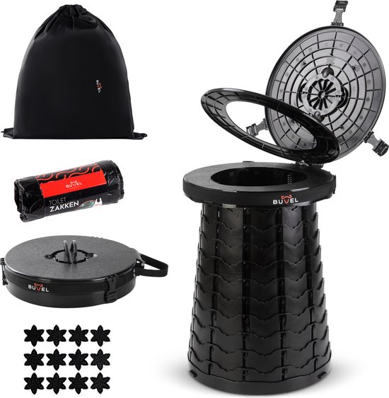 Buvel® Telescopische toilet kruk, Draagbaar mobiel toilet, Opvouwbaar toilet, Campingtoilet met wc-bril en deksel, Zwart van Buvel®