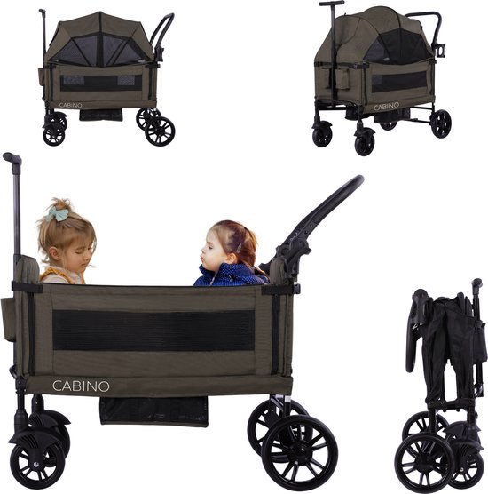 Cabino Waggie Bolderkar Opvouwbaar Met 2 Zitjes – Inclusief Duwstang, Trekbeugel & Drinkbeker – Max. 44 kg - Groen van Cabino
