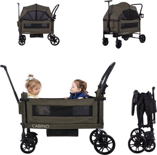 Cabino Waggie Bolderkar Opvouwbaar Met 2 Zitjes - Inclusief Duwstang, Trekbeugel & Drinkbeker - Max. 44 kg - Groen van Cabino
