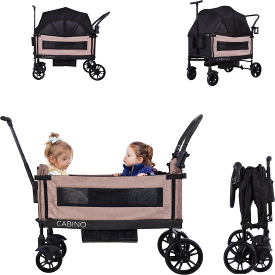 Cabino Waggie Bolderkar Opvouwbaar Met 2 Zitjes - Inclusief Duwstang, Trekbeugel & Drinkbeker - Max. 44 kg - Zwart / Taupe
