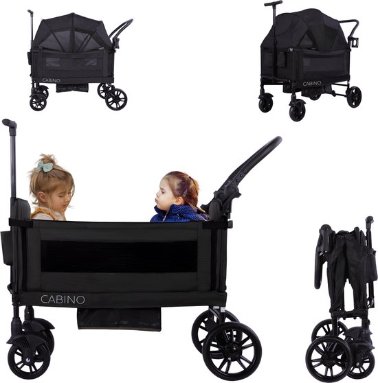 Cabino Waggie Bolderkar Opvouwbaar Met 2 Zitjes – Inclusief Duwstang, Trekbeugel & Drinkbeker – Max. 44 kg - Zwart van Merkloos