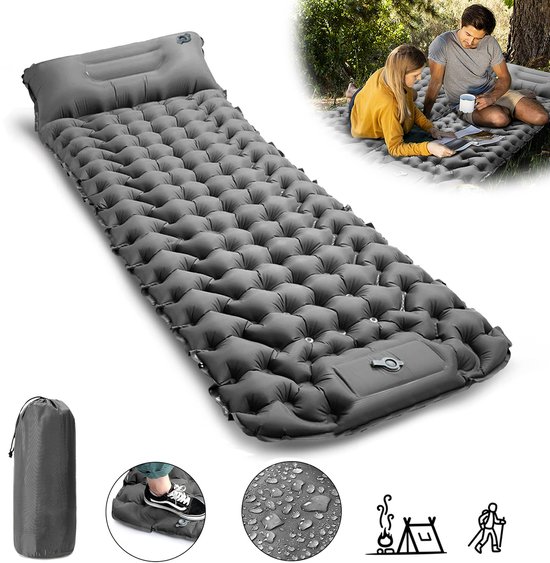 CALIYO Slaapmat zelfopblazend - Opblaasbare Campingmat met Voetpomp 195x65x10 cm – Lichtgewicht Slaapmat voor Kamperen, Backpacken, Festivals en Outdoor Avonturen - Grijs