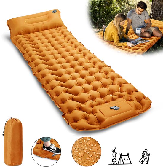 CALIYO Slaapmat zelfopblazend - Opblaasbare Campingmat met Voetpomp 195x65x10 cm – Lichtgewicht Slaapmat voor Kamperen, Backpacken, Festivals en Outdoor Avonturen - Oranje