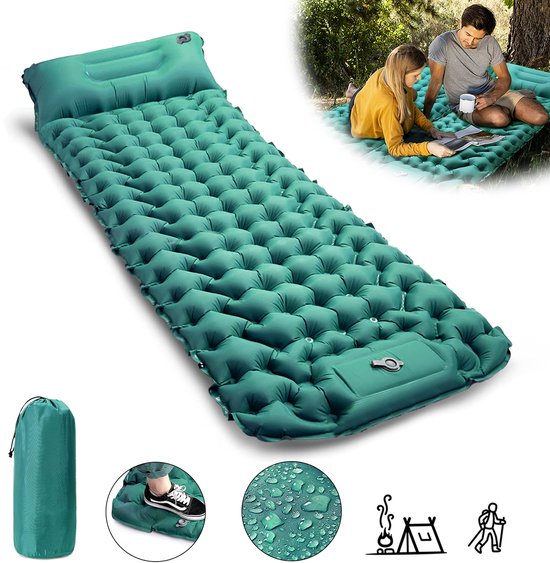 CALIYO Slaapmat zelfopblazend - Opblaasbare Campingmat met Voetpomp 195x65x10 cm – Lichtgewicht Slaapmat voor Kamperen, Backpacken, Festivals en Outdoor Avonturen - Paauw blauw