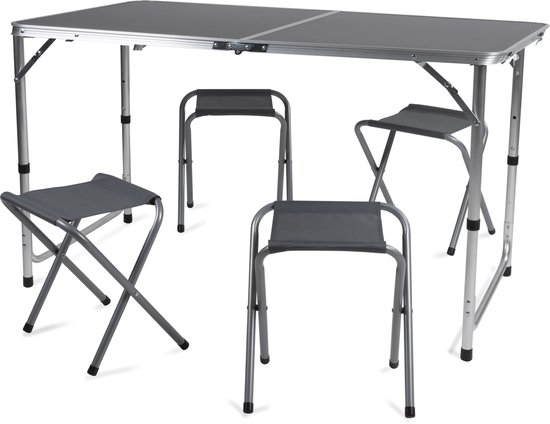 Camp Active Campingtafelset - Campingtafel met 4 Krukjes - Inklapbaar - Lichtgewicht - Compact - Stevig - Grijs