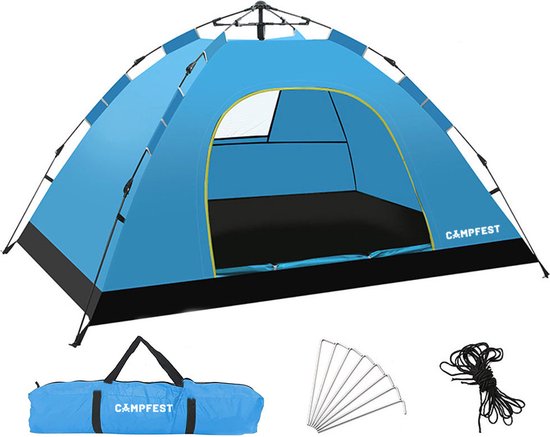 Campfest - Tent - Koepeltent - Pop-up tent - 2-3 persoons - Kamperen - Festival camping - 210 x 200 x 135 cm - blauw van Merkloos