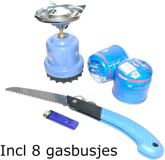 Camping 1,1Kw Kookset + 8 Gasbusjes & Opvouwbare Zaag Ideaal als noodset of Outdoor, Kamperen & Survival