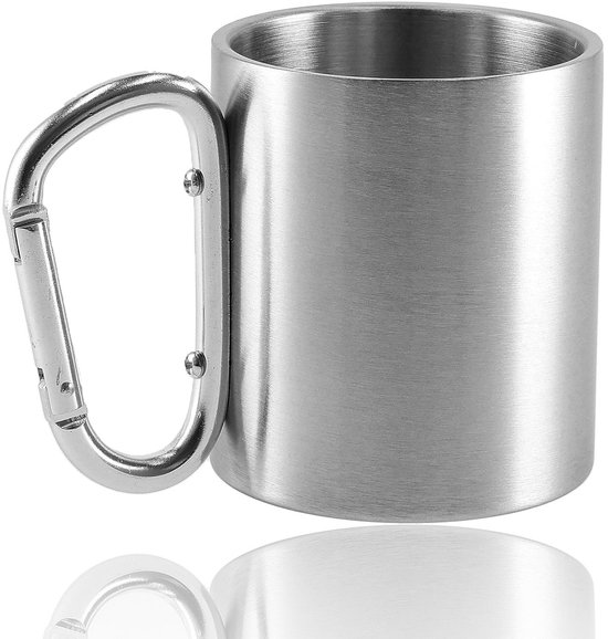 Camping Beker Dubbelwandig RVS – Lichtgewicht Outdoor Mok – Thermobeker 220ml – Met Karabijnhaak – Zilveren Isolerende Beker
