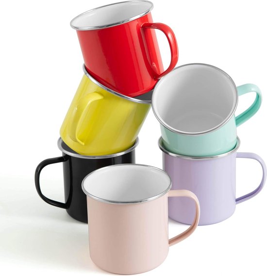 Camping Bekers Koffiebekers Set van 6 350 ml Kleurrijke Poedergecoate Metalen Kampeerbekers met Handvat voor Kamperen, Thuis, Feest, Kantoor, Herbruikbaar & Draagbaar