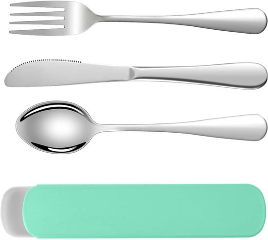 Camping bestek set - 3 stuks Herbruikbare Gebruiksvoorwerpen Set - draagbare roestvrijstalen bestek met plastic Doos - draagbaar keukengerei - voor buitenreizen - Picknickkantoor - Schoollunchbox - (groen)