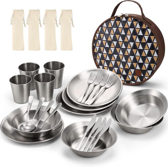 Camping Bestek Set RVS met Koffer - Servies Set met Mes, Vork, Lepel, Bord en Mok - Outdoor Bestek voor Reizen, Wandelen en Camping