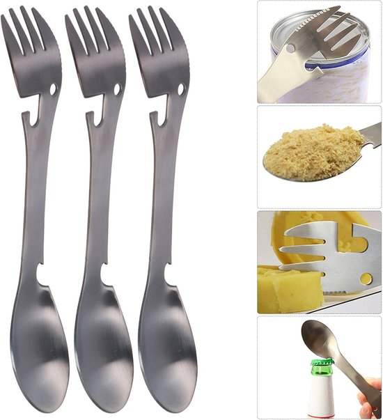 Camping Bestek - Vork en lepel in één - 3 stuks - Outdoor Bestek - Outdoor RVS Spork - Flesopener - Servies - Zwart
