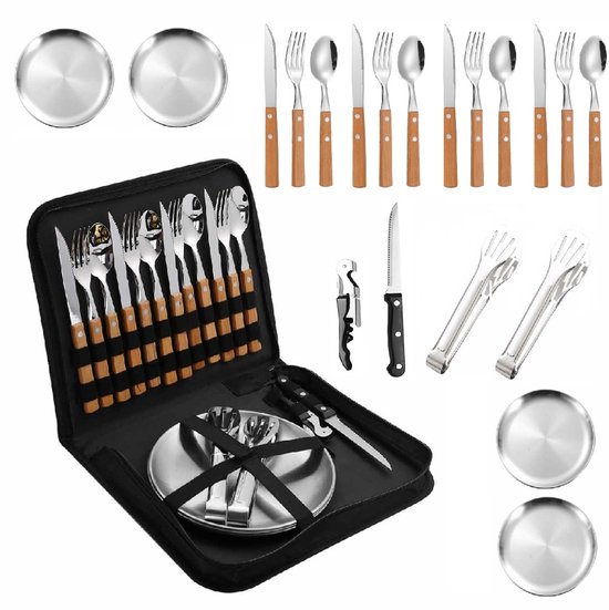 Camping Bestekset 4 Personen – RVS met Houten Handvat – 20-delig – Inclusief Borden, BBQ Tang & Opbergtas – Picknick & Outdoor Set van Merkloos