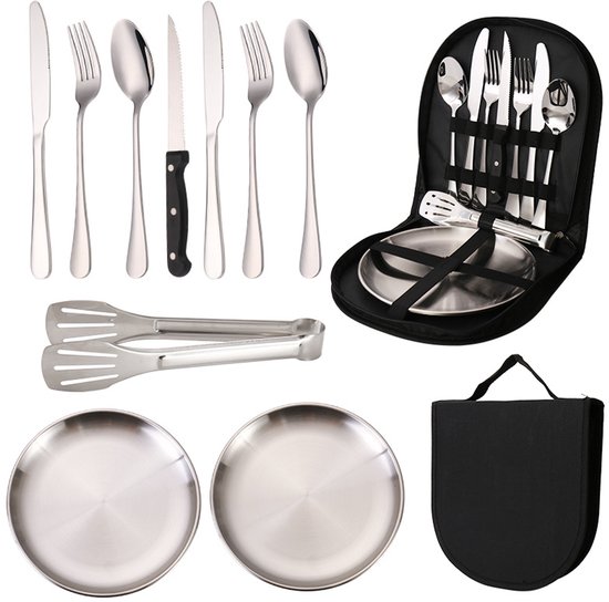 Camping Bestekset - Draagbare Picknick Tafelgerei - Van Roestvrij Staal Met Lepel - Vork - Mes - Plaat - Clip Voor Outdoor - Reizen - Wandelen - 2 Personen (10 stuks)