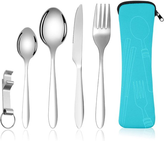 Camping Bestekset RVS 6-delig - Herbruikbaar & Duurzaam - Inclusief Opbergtas & Flesopener - Compact & Lichtgewicht - Ideaal voor Kamperen, Picknick, Reizen - Reisbestek Set Outdoor Bestek