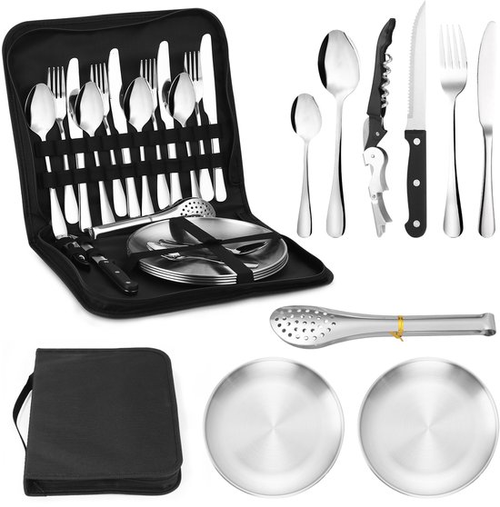 Camping bestekset voor 2-4 personen - in opbergtas,Complete picknick- en reisset met borden, bestek en messen - licht en stevig