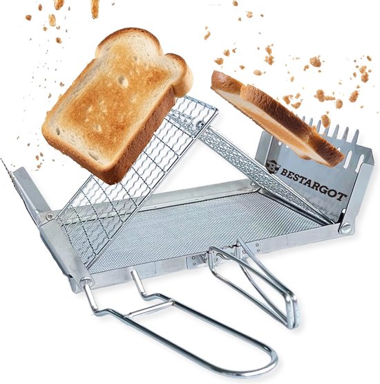 Camping Broodrooster voor Gasfornuis, 2 Sneetjes Camping Broodrooster met Grillrooster, Opvouwbare Camping Broodrooster Grill Gemaakt van Roestvrij Staal, Buitenbroodrooster voor Solo Kamperen, Picknick, Vissen van Camp