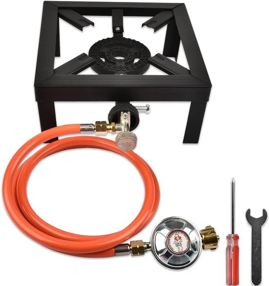 Camping camping gas kookstel draagbaar gas kooktoestel 4-poten 6 kW inclusief CAS-geteste 15 m slang en 50 bar drukregelaar voor outdoor camping van Merkloos