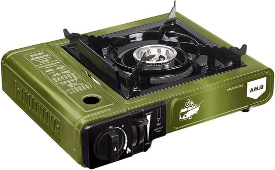 Camping camping gas kookstel Draagbaar gasfornuis inclusief transportkoffer - compatibel met gaspatronen - groen - 23 kW vlamregelaar van Bo-Camp