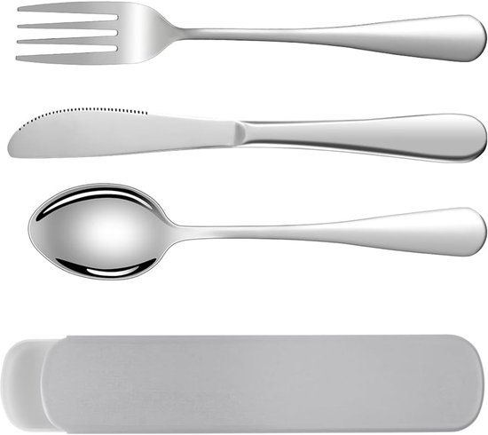 Camping Cutlery Set - 3 Pieces Reusable Utensils Set - Portable Stainless Steel Cutlery met Plastic Box - Outdoor Travel Picnic Keukenaccessoires - Grijs
