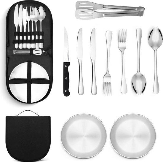 Camping Cutlery Set, Portable Stainless Steel Outdoor Tableware Set, Outdoor Crockery Set, Travel, Travel Cutlery with Spoon, Fork, Knife, Plate Clip for Camping, Picnic, Hiking (10 Pieces) van OUTDOOR FREAKZ